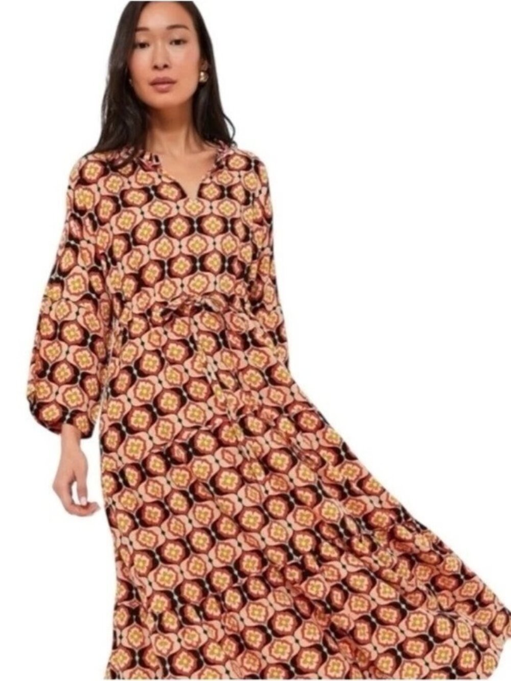 Tuckernuck Wavy Retro Long Sleeve Caftan in Orange Large New Womens Midi Long